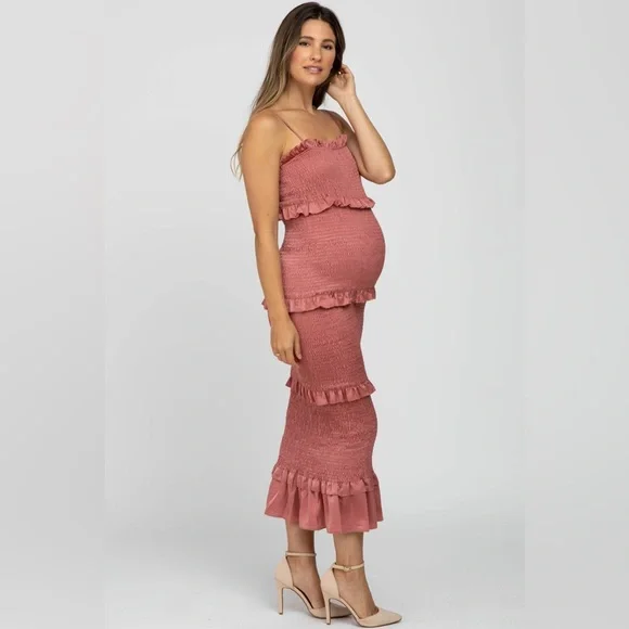 PinkBlush satin smocked bodycon midi dress nwot - Picture 1 of 15